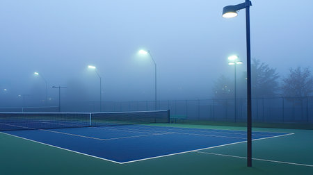 A serene tennis court shrouded in thick fog, illuminated by soft lights, creates a tranquil atmosphere ideal for sports enthusiasts seeking solitude.の素材