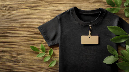 This image showcases a black t-shirt with a tag, lying on a rustic wooden background, surrounded by green leaves, perfect for promoting eco-friendly clothing lines.の素材