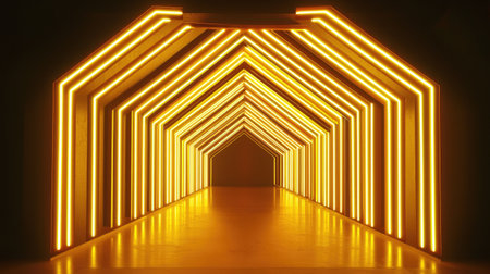 Stunning view of a bright neon tunnel showcasing modern architectural design. The warm lighting and geometric elements create a captivating visual experience for exploration.の素材