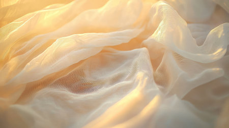 A close-up of delicate sheer fabric draped softly, capturing warm tones and textures. This piece evokes elegance and tranquility, perfect for various creative projects.の素材