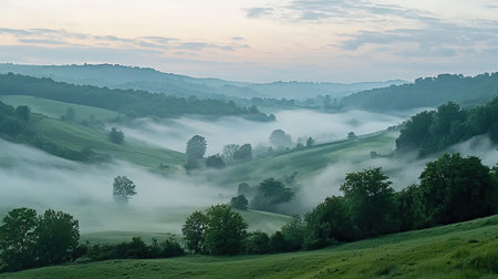 Experience the beauty of a misty landscape at dawn, featuring gentle rolling hills and lush trees. A perfect scene for tranquility and relaxation.の素材