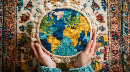 A beautifully crafted round embroidery of a colorful world map held in hands, showcasing artistic textile design. Perfect for home decor inspiration.の素材