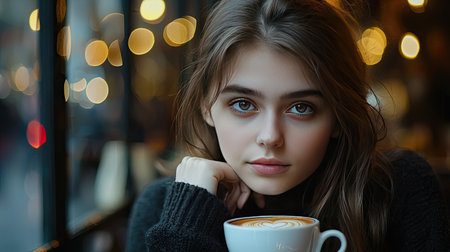 A beautiful young woman enjoying a cup of coffee in a cozy cafの素材