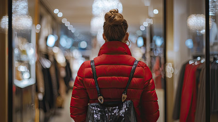 A stylish woman in a red puffer jacket walks through an upscale clothing store, surrounded by elegant displays and bokeh lighting, capturing a modern shopping experience.の素材