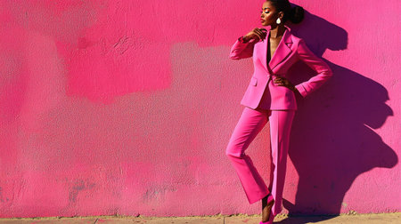 A stylish fashion model stands confidently against a vibrant pink wall, showcasing elegance and modernity in a chic suit and bold accessories, embodying empowerment.の素材