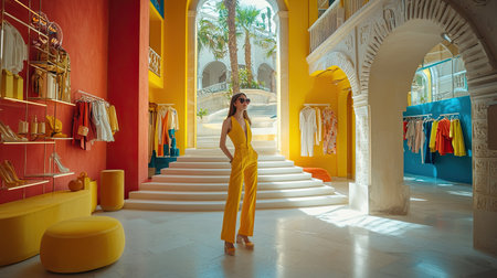 A stylish model stands in a vibrant fashion boutique, showcasing a modern design with colorful walls and exquisite merchandise. The atmosphere is lively and chic.の素材