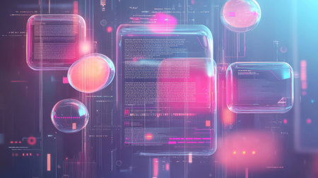 A vibrant digital interface showcasing transparent data elements with glowing effects. This design reflects modern technology, data visualization, and innovative concepts.の素材