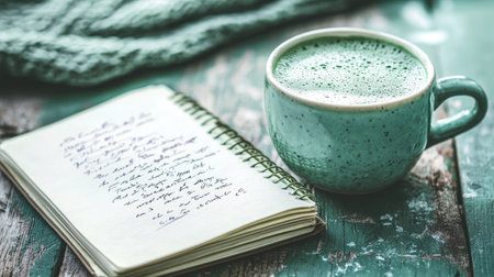A serene image featuring a green mug and an open notebook on a rustic wooden table, creating a warm and inviting atmosphere perfect for reflection and creativity.の素材
