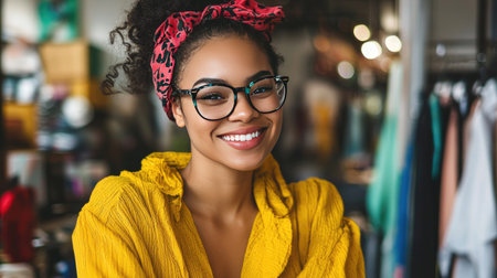 A joyful young woman smiles brightly in a trendy yellow outfit and stylish glasses. Her colorful headband adds flair to her look, perfect for fashion and lifestyle themes.の素材