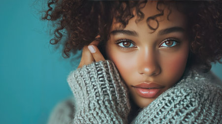 A captivating close-up portrait of a young woman with curly hair, wearing a cozy sweater. Her warm expression and radiant eyes create an intimate and inviting mood.の素材