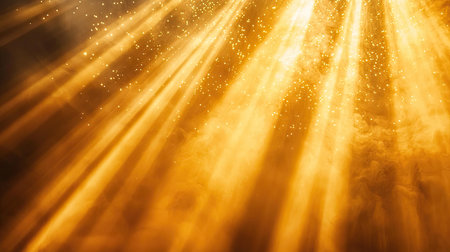 Captivating golden light rays pierce through a misty atmosphere, creating a dramatic and ethereal scene filled with warmth and serenity. Perfect for conveying beauty.の素材