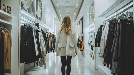 A young woman strolls through a chic clothing store, exploring stylish apparel amidst bright lights and contemporary decor. A visually appealing retail environment.の素材