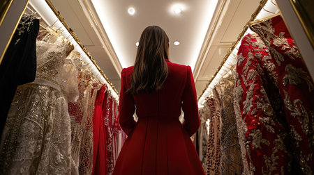 A stylish woman in a red coat stands in a lavish closet filled with elegant evening dresses, showcasing luxury fashion and inspiring beauty in design.の素材