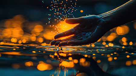 A hand gracefully releases water droplets into a serene surface, creating a magical moment filled with sparkling reflections at sunset.の素材