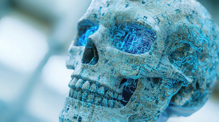 This captivating image features a futuristic robot skull showcasing intricate circuit patterns and glowing blue eyes, representing the intersection of technology and art.の素材