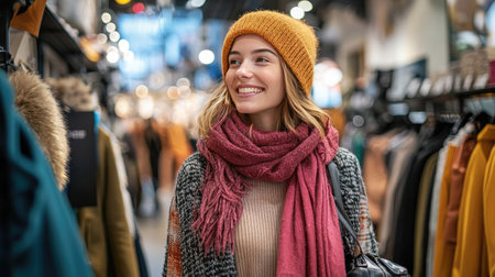 A young woman radiates joy while exploring a vibrant shopping environment, dressed in a cozy winter outfit complete with a colorful beanie and scarf.の素材