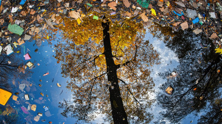 This striking image captures a reflection of a tree and autumn leaves in polluted water, showcasing the contrast between nature's beauty and environmental degradation.の素材