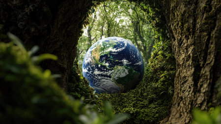This surreal image captures Earth nestled in a vibrant green forest, framed by a natural archway of trees, symbolizing the beauty and fragility of our planet.の素材