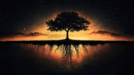 Experience the beauty of a majestic tree silhouetted against a starry sky, reflecting perfectly on calm water, evoking serenity and tranquility.の素材