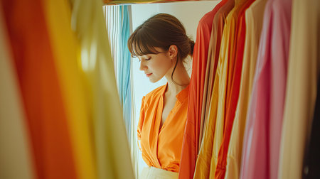 A fashionable woman stands among colorful clothing, exuding elegance and serenity. Soft natural light enhances the vibrant hues of her surroundings, creating a serene atmosphere.の素材