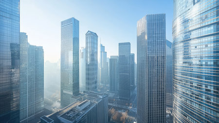 A stunning view of modern skyscrapers piercing the clear blue sky, showcasing urban architecture and vibrant city life in a contemporary metropolis.の素材