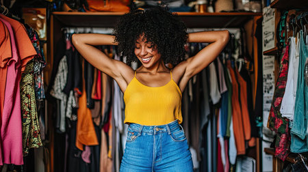 A joyful young woman poses in her vibrant closet, showcasing her stylish outfits. Her cheerful expression reflects a sense of happiness and confidence in fashion choices.の素材
