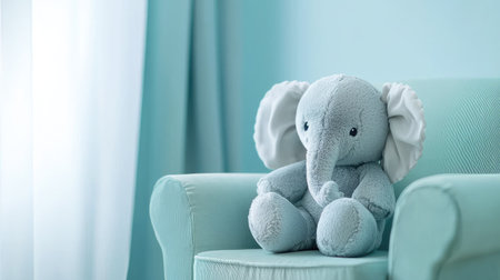 A soft blue elephant toy sits cozily on a mint green armchair, offering a sense of comfort and warmth. This adorable plush is perfect for children's rooms or nurseries.の素材