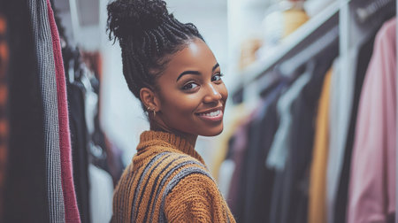 A cheerful woman wearing a cozy sweater stands in a chic closet, smiling confidently. Her relaxed demeanor conveys joy and self-expression in a fashionable setting.の素材