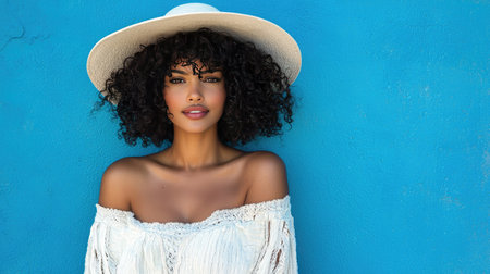 A confident woman with beautiful curly hair poses against a vibrant blue wall, showcasing her relaxed style in a wide-brim hat and off-shoulder top.の素材