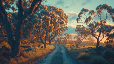 A tranquil country road winds through radiant golden trees, illuminated by the warm glow of sunset, evoking a sense of peace and natural beauty.の素材