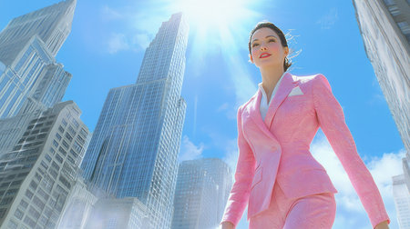 A confident businesswoman in a pink suit walks through a vibrant cityscape. Sunlight illuminates the tall skyscrapers, enhancing her empowering presence.の素材