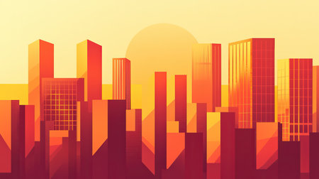 Vibrant abstract cityscape illustration featuring tall buildings against a stunning orange sunset gradient. Ideal for modern design projects.の素材
