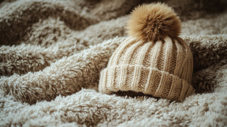A cozy knit beanie with a fluffy pom pom rests atop a soft, textured blanket, embodying the warmth and comfort of winter fashion and indoor relaxation.の素材