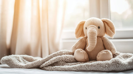 A charming soft toy elephant sits on a cozy blanket, bathed in warm sunlight from a nearby window, evoking feelings of comfort and nostalgia.の素材