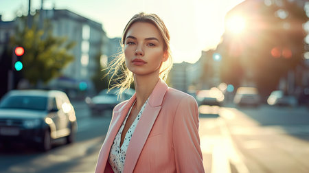 A confident young woman in a pink blazer stands gracefully in an urban street setting, illuminated by soft sunlight. The composition captures her elegance and serene expression, offering a fresh take on city lifestyle.の素材