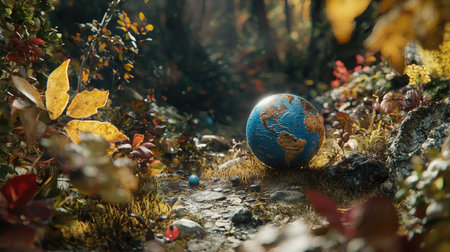 A stunning representation of Earth depicted as a globe, nestled among colorful autumn foliage in a serene forest setting, showcasing nature's beauty.の素材