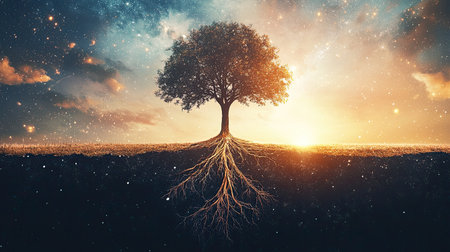 A captivating image of a sturdy tree with exposed roots, illuminated by a colorful sunset and scattered stars above, symbolizing growth and connection to the earth.の素材