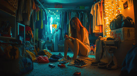 A young woman sits on the floor of her cluttered bedroom, organizing clothes. Soft, colorful lighting creates a cozy atmosphere, reflecting a personal space.の素材