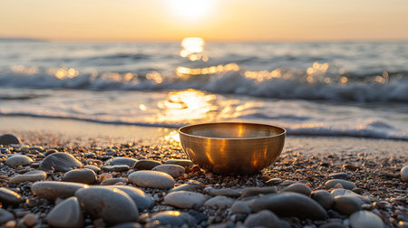A beautiful singing bowl rests among smooth pebbles on a quiet beach at sunset, reflecting warm golden light and creating a peaceful, serene atmosphere ideal for relaxation.の素材