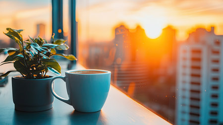 A cozy morning scene featuring a coffee cup and a resilient plant by a window, framed by a beautiful sunset over the city skyline, creating a tranquil atmosphere.の素材