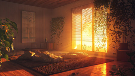 A tranquil indoor space bathed in warm sunlight, featuring lush plants, soft cushions, and wooden flooring, creating a relaxing ambiance perfect for unwinding.の素材