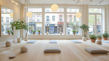 A serene yoga studio interior showcasing natural light, minimalist decor, and greenery. The peaceful environment offers a perfect space for relaxation and meditation.の素材