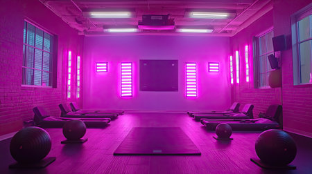 A vibrant fitness studio showcasing colorful lighting with yoga mats and workout equipment. Ideal for relaxation and exercise in a modern atmosphere.の素材