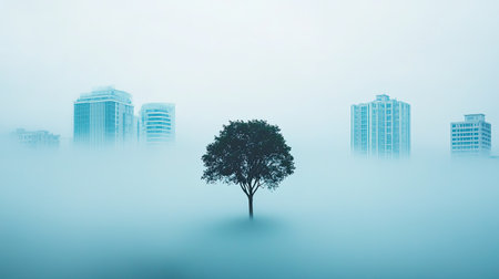 A solitary tree emerges from dense fog in an urban landscape, surrounded by modern skyscrapers. This serene scene captures the balance between nature and city life.の素材