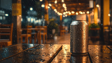 A close-up of a metallic beverage can glistening with condensation, set on a wooden table in a rainy cafe. Warm twinkling lights create a cozy atmosphere.の素材