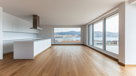 Bright and spacious modern apartment interior featuring large windows with stunning views. A minimalistic design with wooden floors creates an inviting atmosphere.の素材