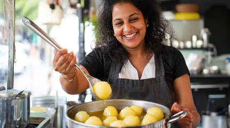 A happy woman prepares traditional Indian sweets in a bustling street stall, showcasing her culinary skills and vibrant culture while engaging with customers.の素材