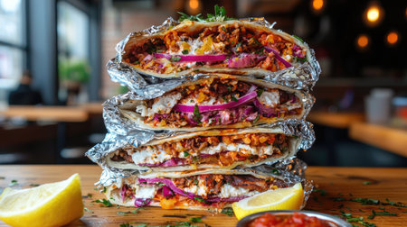 Indulge in this vibrant stack of gourmet tacos filled with fresh ingredients, including juicy meat, onions, and a side of tangy salsa. Perfect for food lovers!の素材