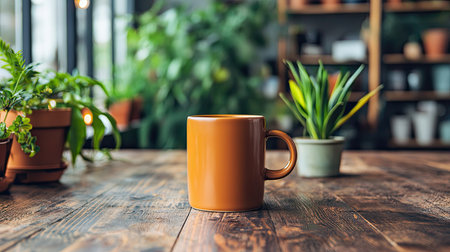 A cozy orange coffee mug positioned on a rustic wooden table, surrounded by lush green plants, creating a warm and inviting atmosphere perfect for relaxation.の素材