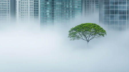 A solitary tree stands amidst a foggy urban landscape, surrounded by towering skyscrapers. The contrast highlights nature's resilience against modern architecture.の素材
